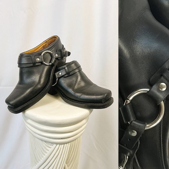 Frye Shoes - Vintage Frye Harness Mules in Black, Size 6.5